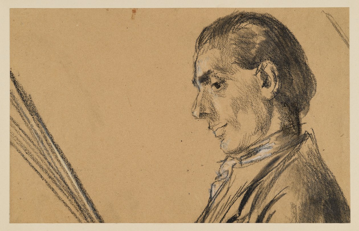 Brustbild eines jungen Mannes mit gesenktem Blick. Profil nach links. Vorstudie zum Gemälde "Flötenkonzert Friedrichs des Großen in Sanssouci" von Adolph Menzel