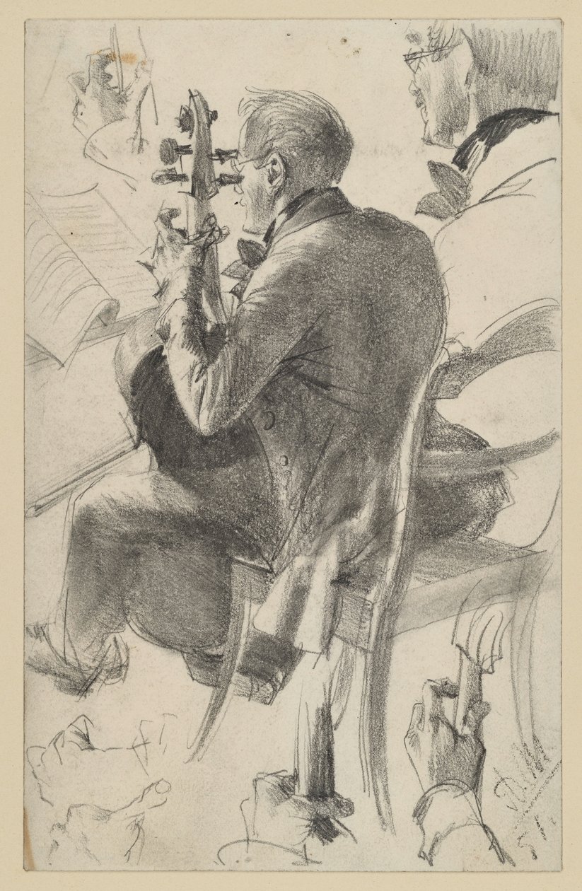 Cellospieler nach links, halb vom Rücken gesehen. Kopf- und Handstudien. Vorstudie zum Gemälde „Flötenkonzert Friedrichs des Großen in Sanssouci“ von Adolph Menzel
