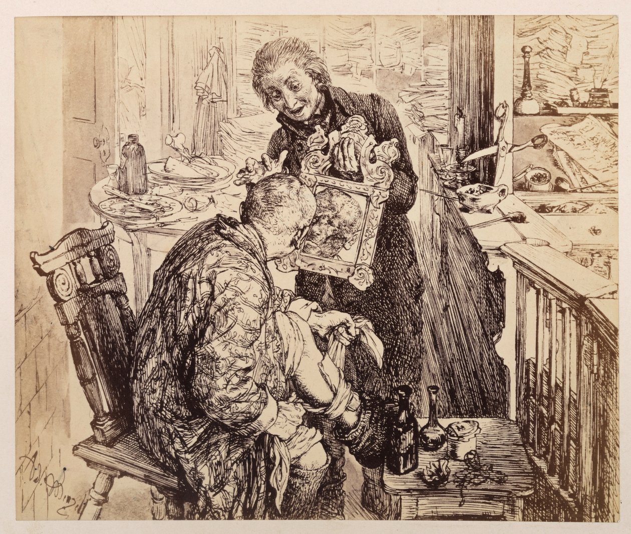 Der Schreiber Licht findet Dorfrichter Adam beim Verbinden des Beines. Adam betrachtet im Spiegel, den ihm Licht vorhält, sein zerschundenes Gesicht, zu Heinrich von Kleist "Der zerbrochene Krug" von Adolph Menzel