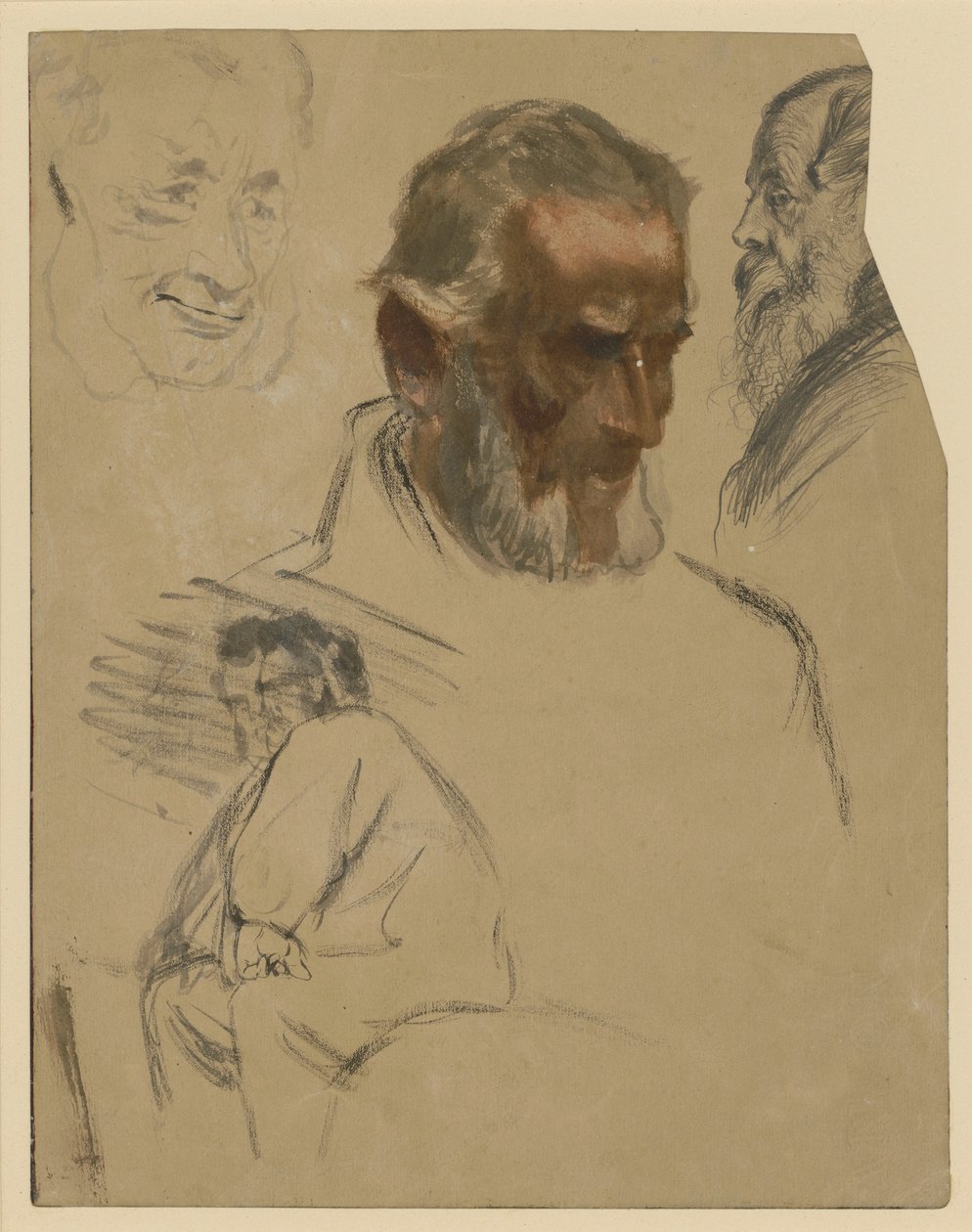 Drei bärtige Studienköpfe und Kniestück eines sitzenden Mannes nach links von Adolph Menzel