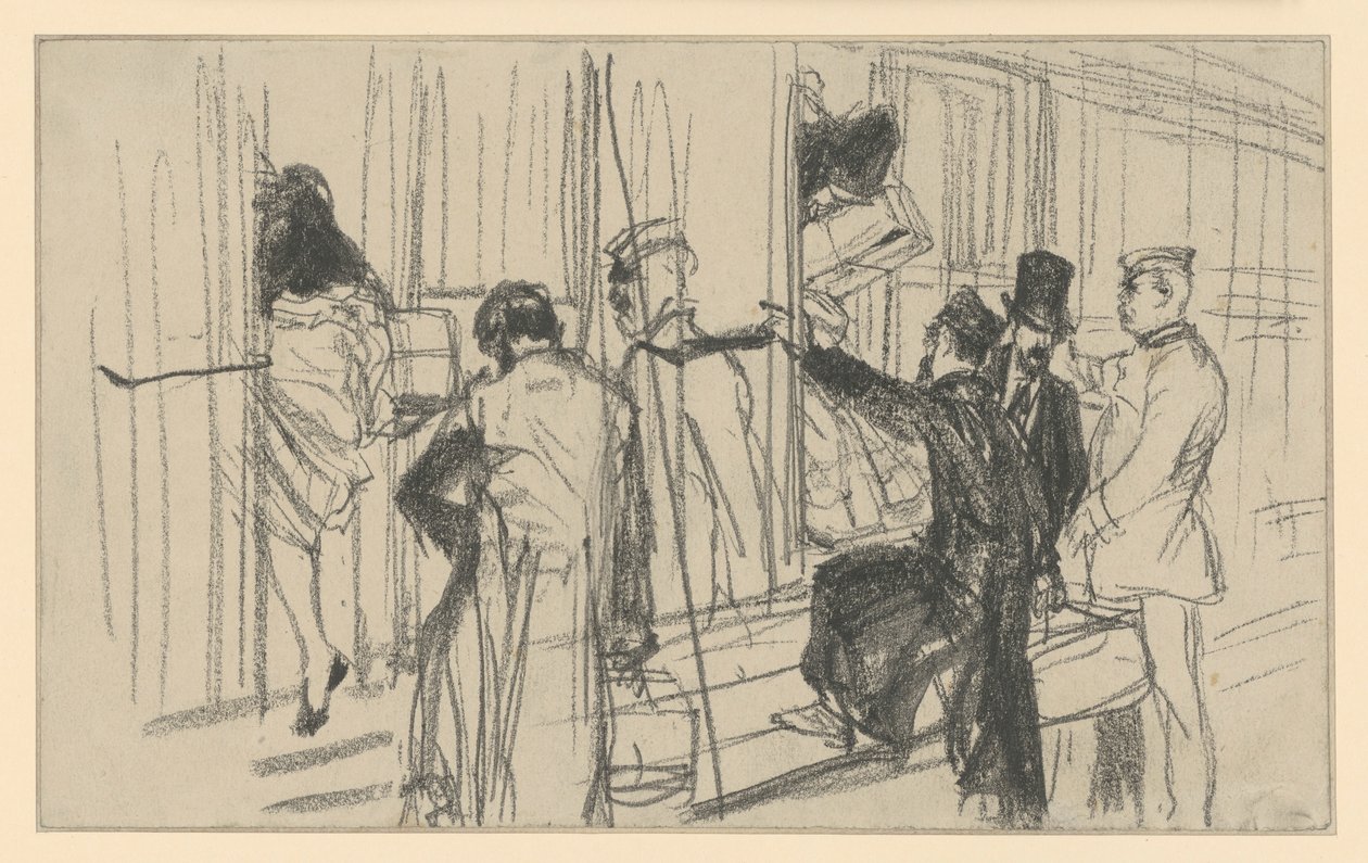 Einsteigende Eisenbahnreisende und Schaffner. Bahnsteigszene von Adolph Menzel