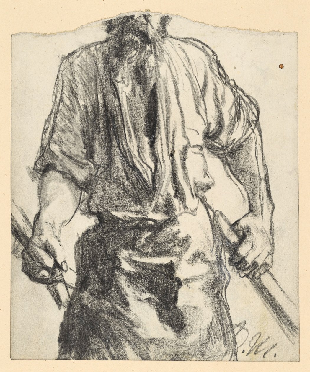 Eisenarbeiter mit Schurzfell und Hölzern in den Händen. Studie zum "Eisenwalzwerk. Moderne Zyklopen" von Adolph Menzel