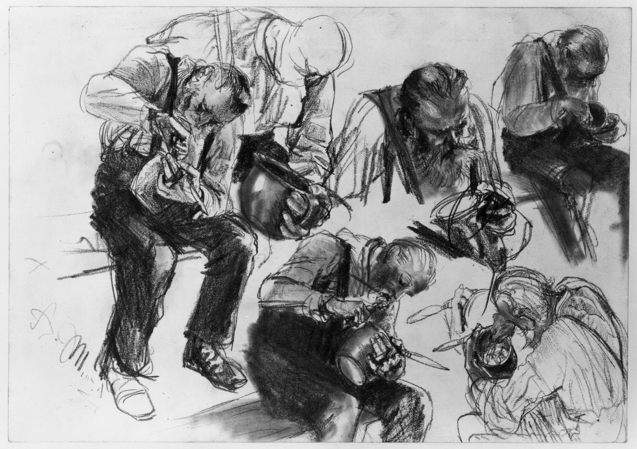Essender Arbeiter in mehreren Ansichten. Studie zum "Eisenwalzwerk. Moderne Zyklopen" von Adolph Menzel