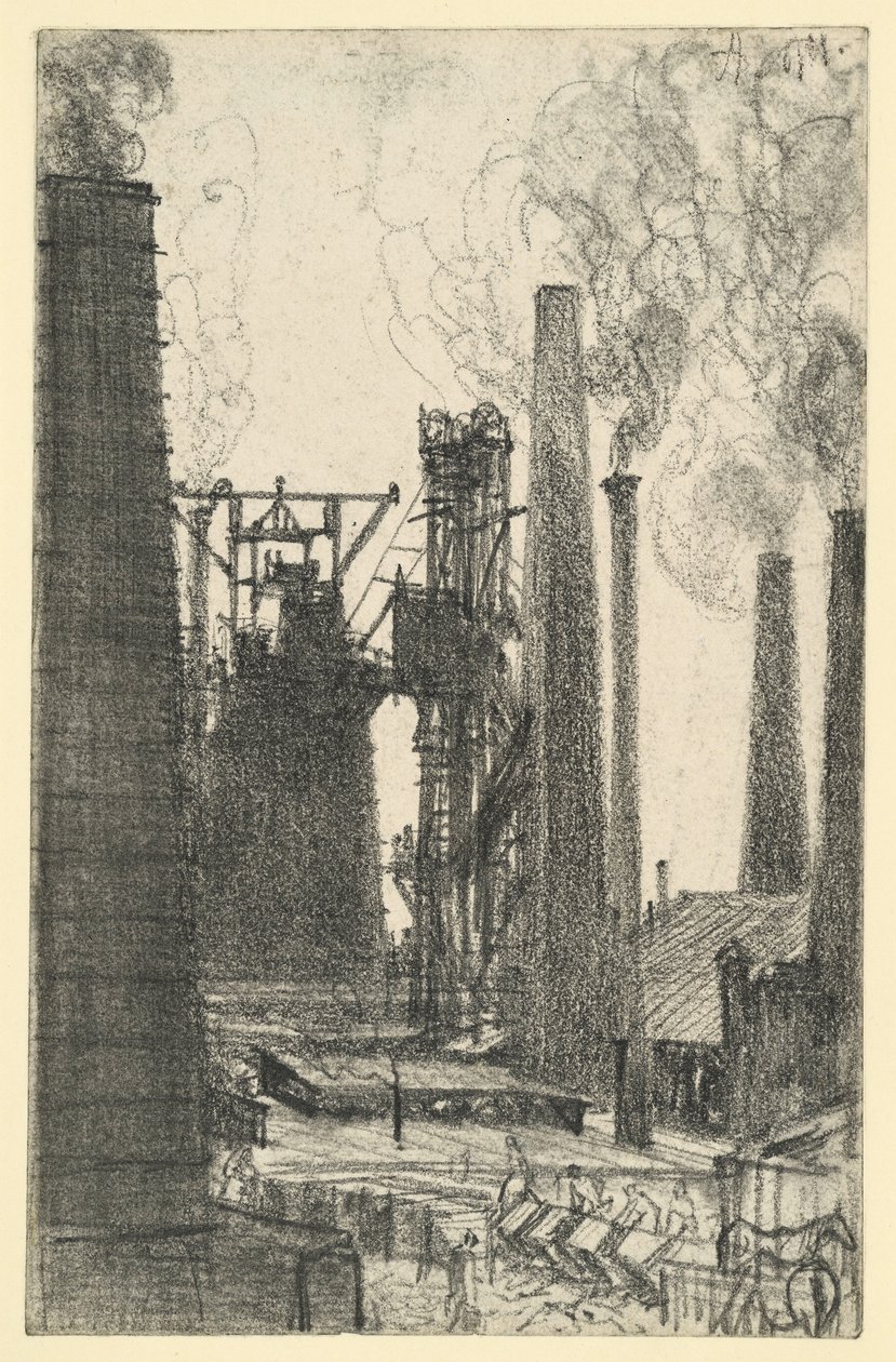 Fabrikplatz mit rauchenden Schloten (Königshütte?) von Adolph Menzel