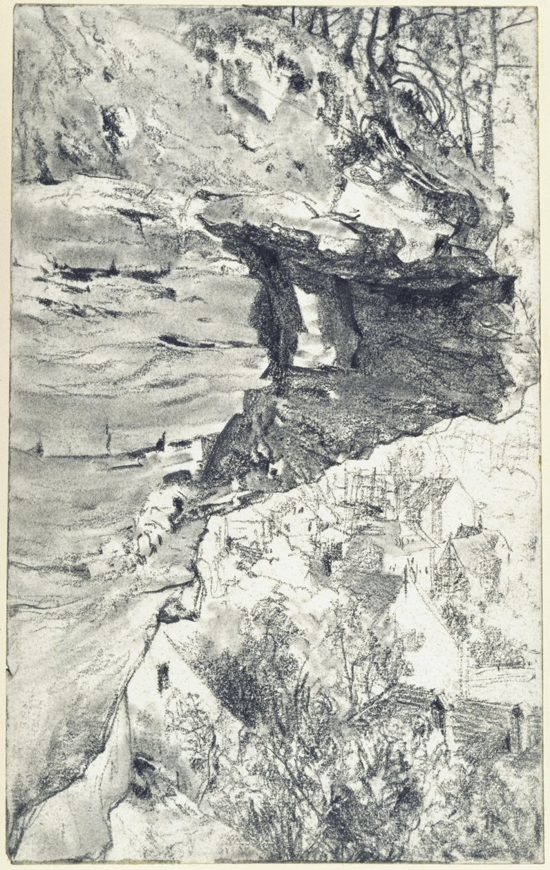 Felsüberhang mit Dorf im Hintergrund von Adolph Menzel