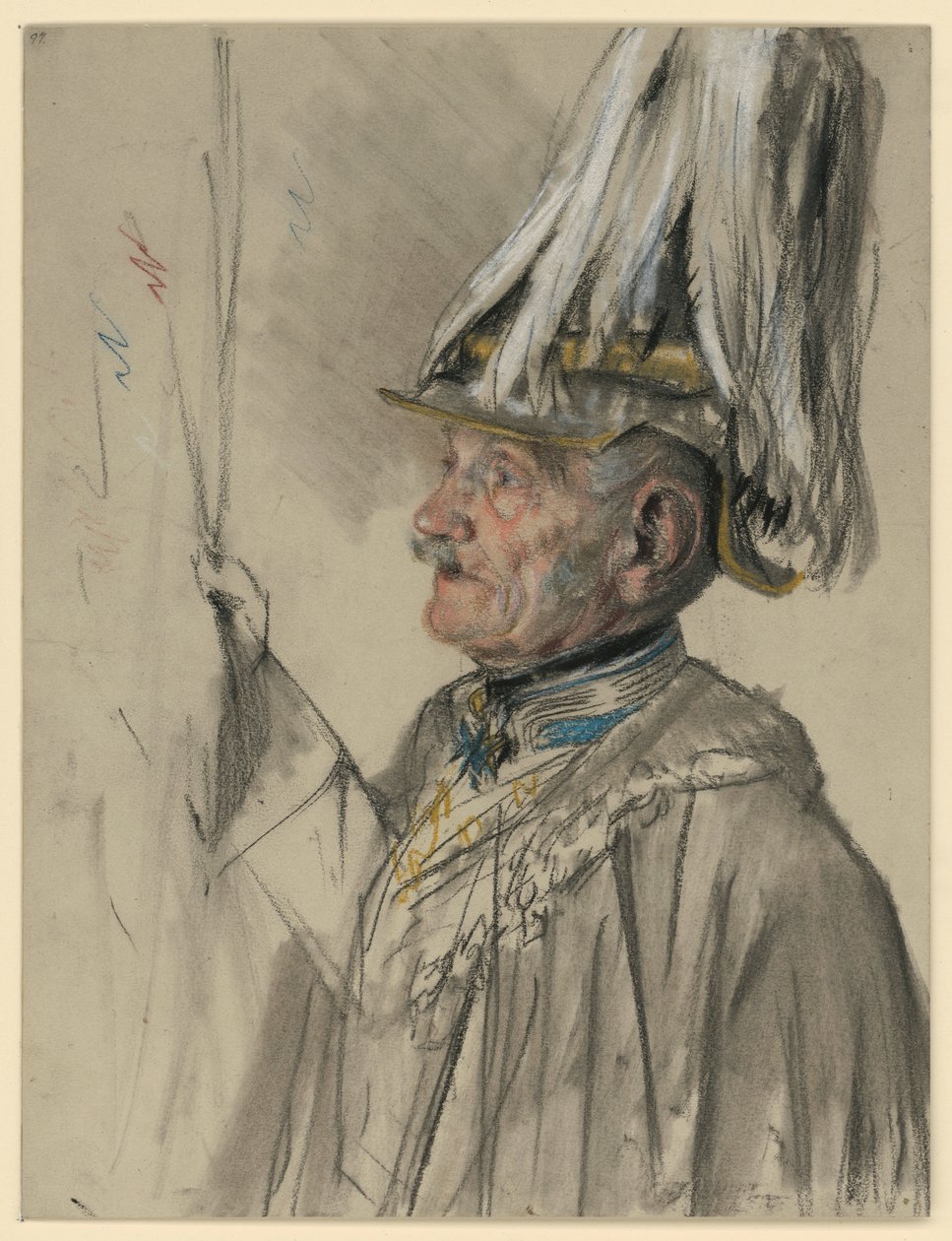 Friedrich Graf von Wrangel im Mantel mit Helm und Federbusch, fast Profil nach links, Porträtstudie zu "Die Krönung Wilhelms I. in Königsberg" von Adolph Menzel