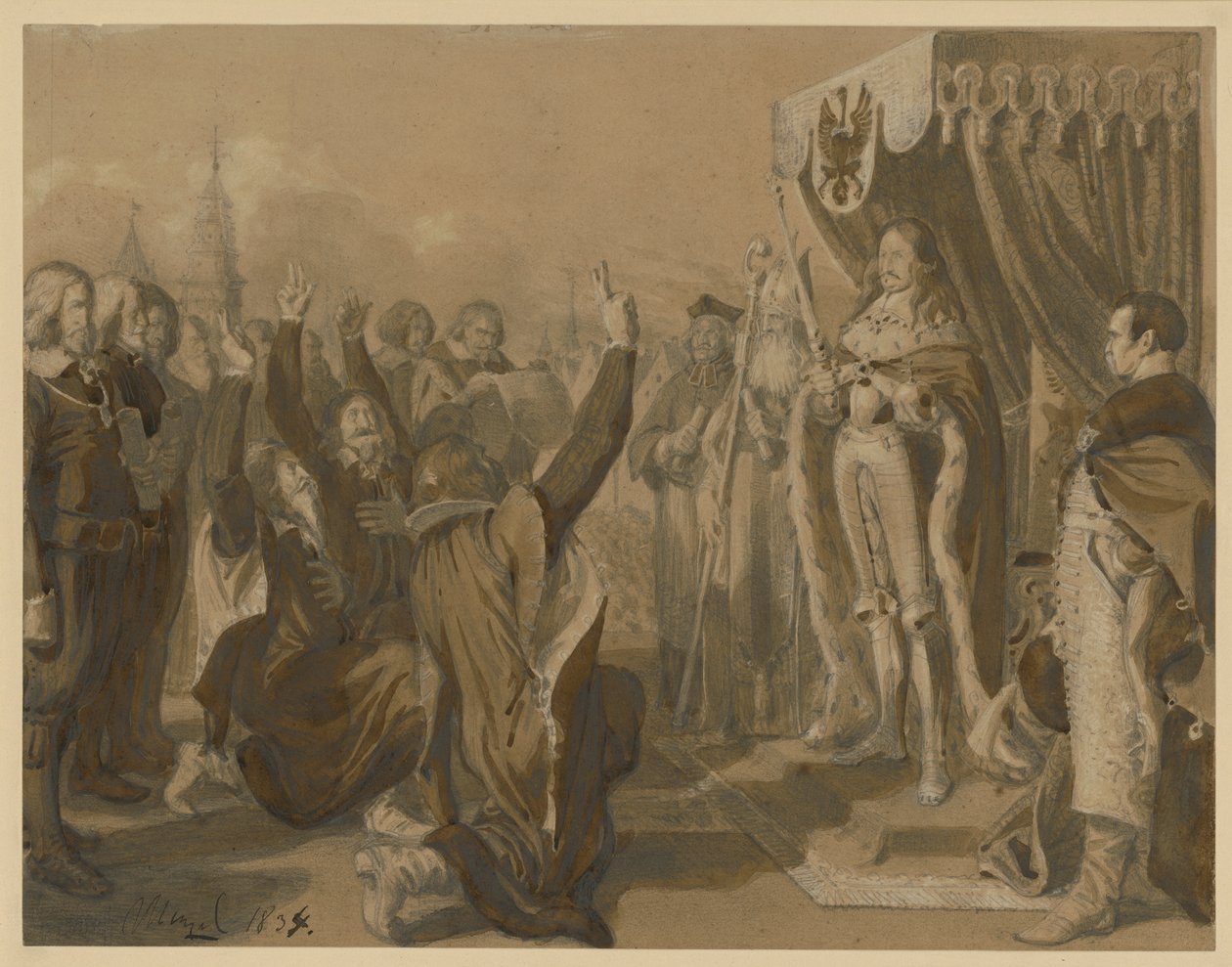 Friedrich Wilhelm Kurfürst von Brandenburg empfängt die Erbhuldigung der Preußischen Landstände zu Königsberg am 18. Oktober 1663. Entwurf für die Denkwürdigkeiten aus der Brandenburgisch-Preußischen Geschichte von Adolph Menzel