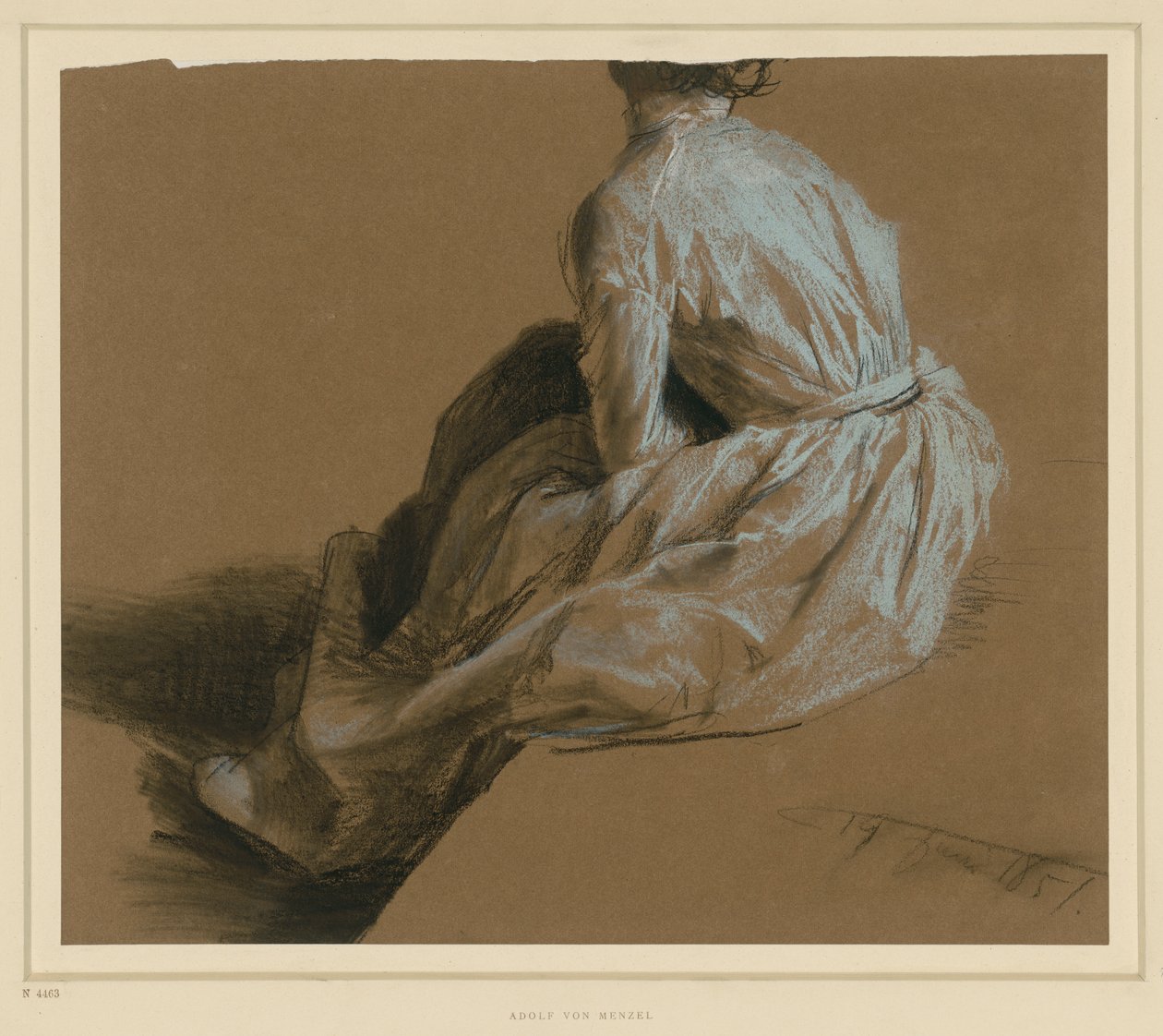 Gewandstudie einer sitzenden Dame in Rückenansicht von Adolph Menzel