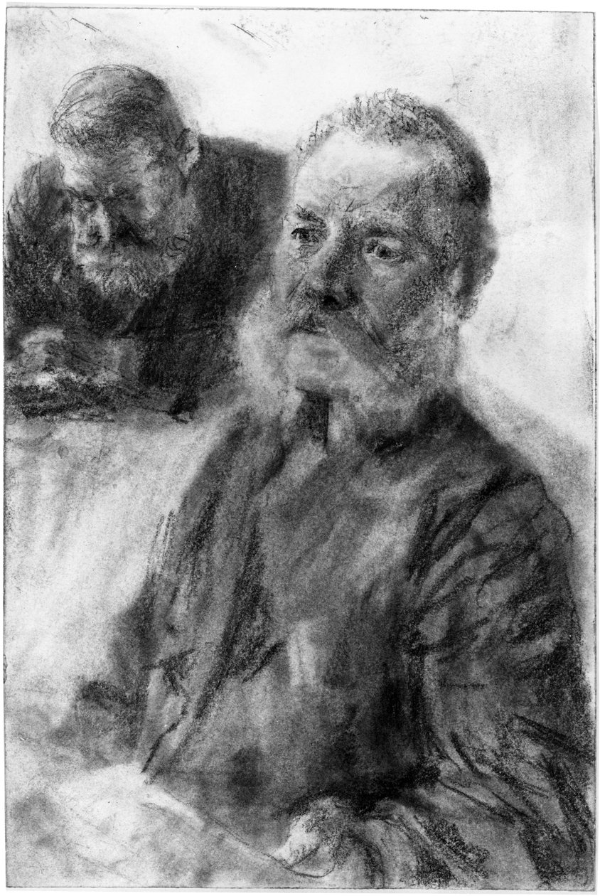 Halbfigur eines bärtigen Mannes, im Hintergrund ein weiteres Brustbild eines bärtigen Mannes, den Blick gesenkt von Adolph Menzel