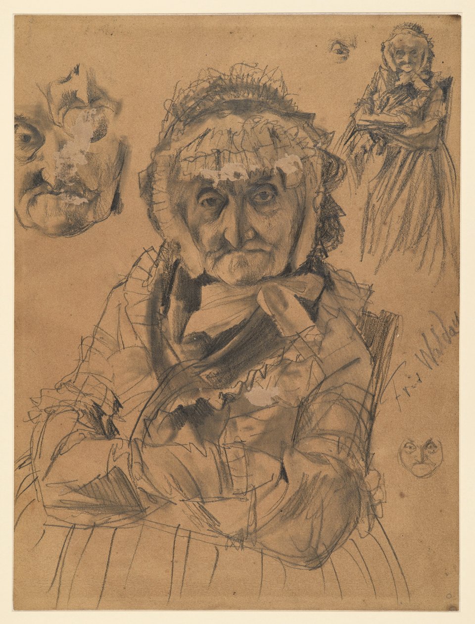 Halbfigur sitzend en face; oben rechts: Kniestück und Auge; links: zwei Gesichtsstudien; unten rechts: kleine Gesichtsstudie; bez. Fr. v. Waldow. Vorstudie zum Gemälde „Flötenkonzert Friedrichs des Großen in Sanssouci“ von Adolph Menzel