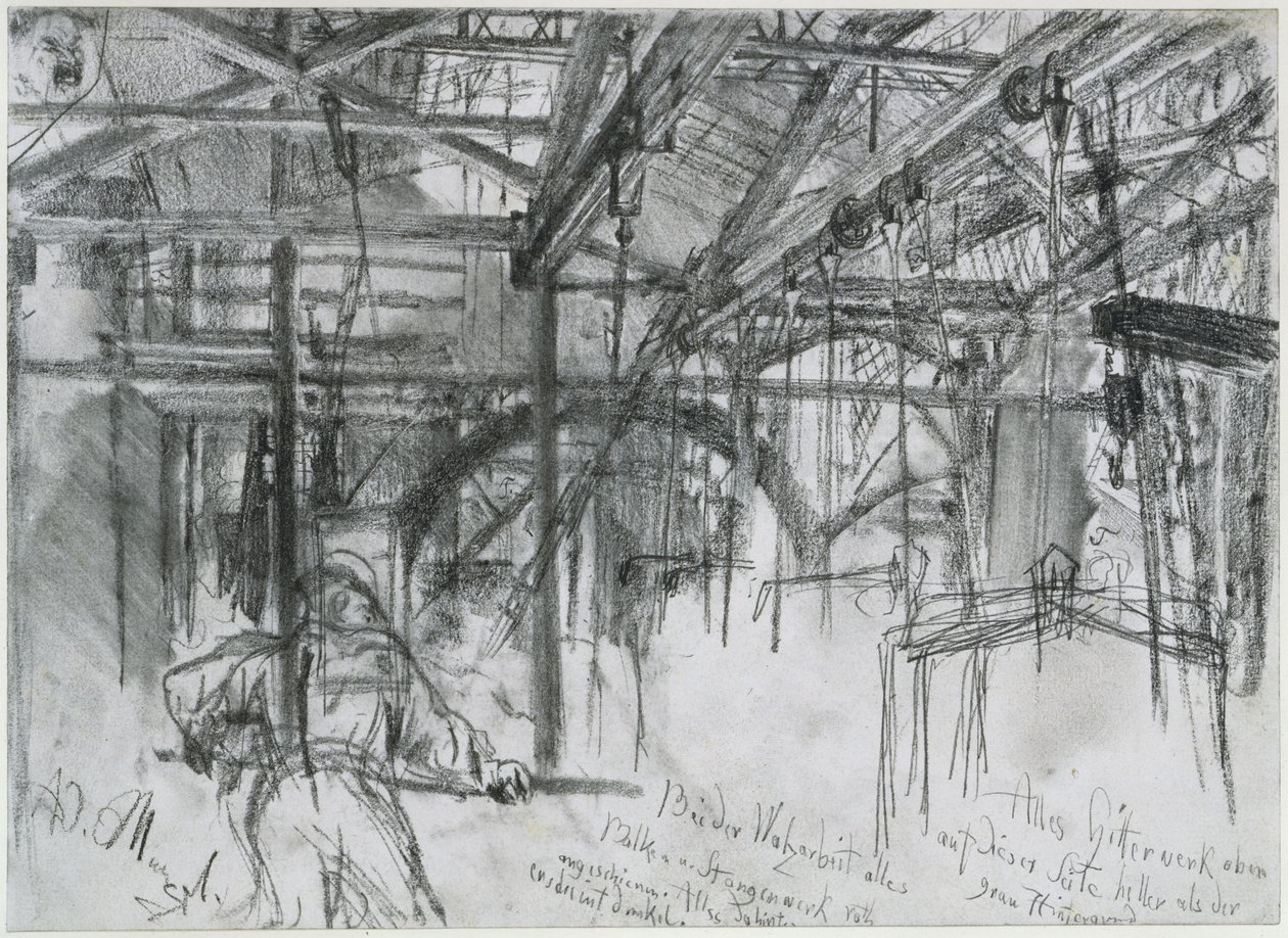 Halle im Walzwerk Königshütte. Studie zum "Eisenwalzwerk. Moderne Zyklopen" von Adolph Menzel