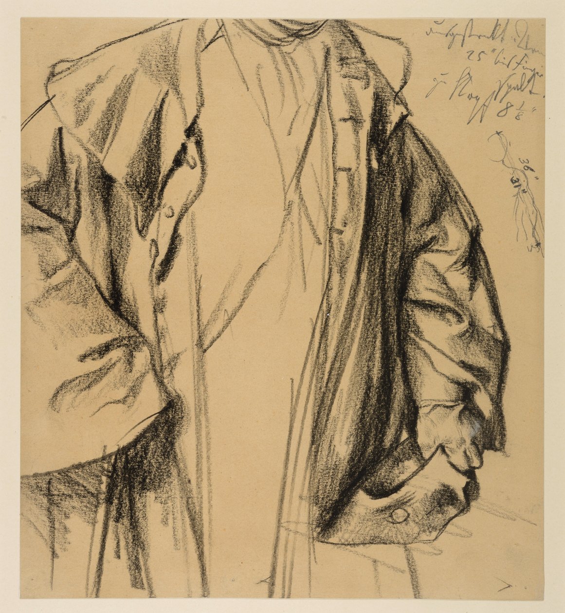 Heinrich von Kleist, Der zerbrochene Krug: Modellstudie eines Offiziers im Mantel, Kopf nicht dargestellt, Halbfigur mit Hut in der Linken und Stock in der Rechten von Adolph Menzel