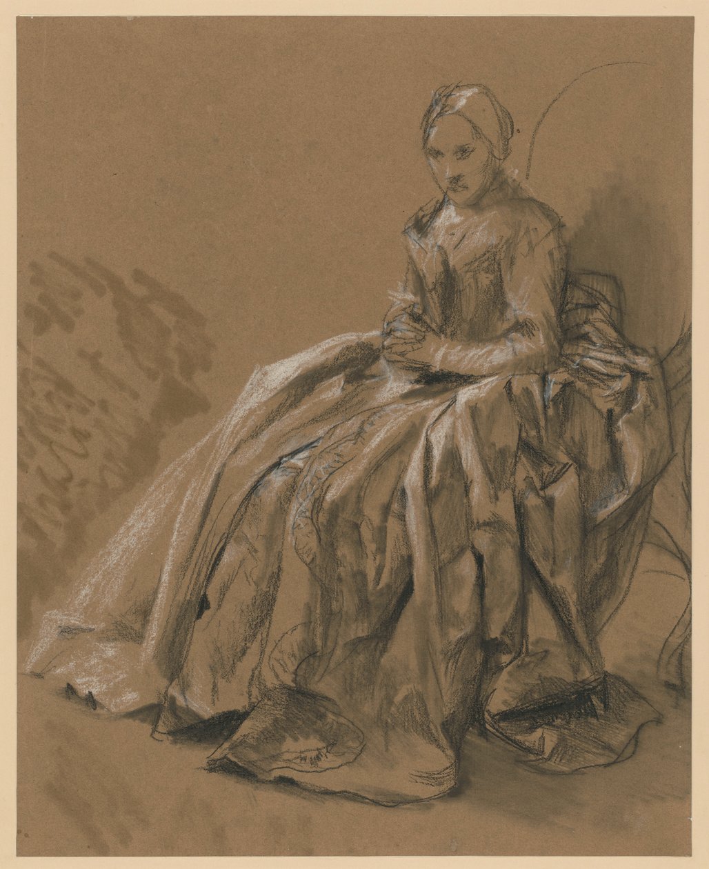 Hofdame sitzend nach links. Modellstudie zum Gemälde „Flötenkonzert Friedrichs des Großen in Sanssouci“ von Adolph Menzel