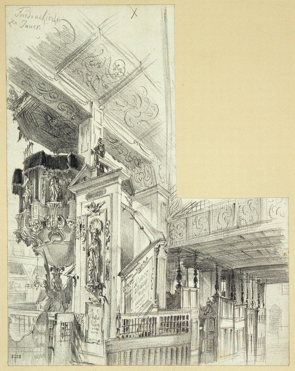 Interieur mit Kanzel der Friedenskirche in Jauer von Adolph Menzel