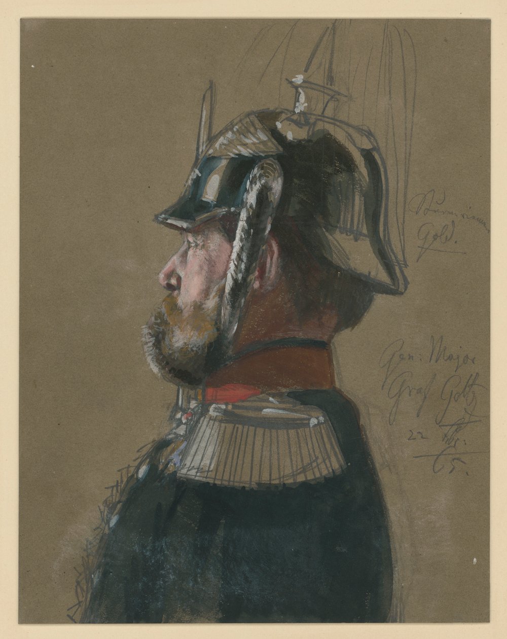 Karl Friedrich Graf von Goltz, Generalmajor, Brustbild mit Helm und Degen, Profil nach links, Porträtstudie zu „Die Krönung Wilhelms I. in Königsberg“ von Adolph Menzel
