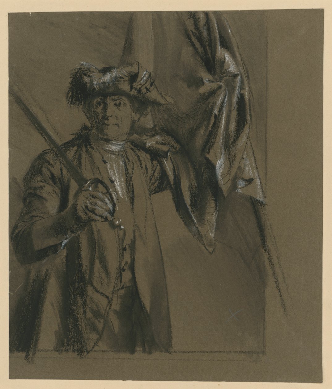 Kurt Christoph Graf von Schwerin, preußischer Generalfeldmarschall mit Fahne und Degen, Modellstudie zu "Aus König Friedrichs Zeiten. Kriegs und Friedenshelden", 1856 von Adolph Menzel