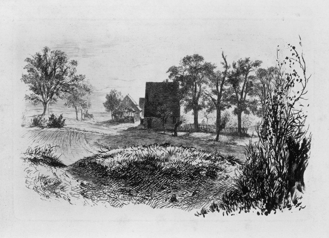 Landschaft mit drei Hütten von Adolph Menzel