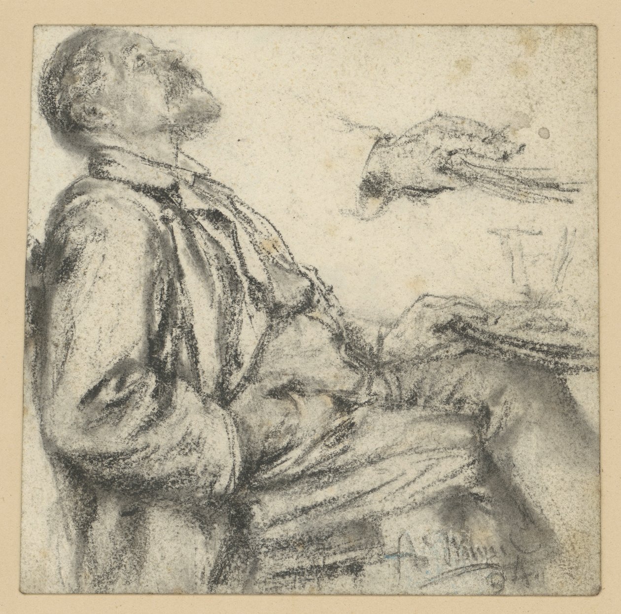 Mann am Tisch sitzend, nach rechts, Kopf zurückgelehnt, nach oben blickend sowie Handstudie von Adolph Menzel