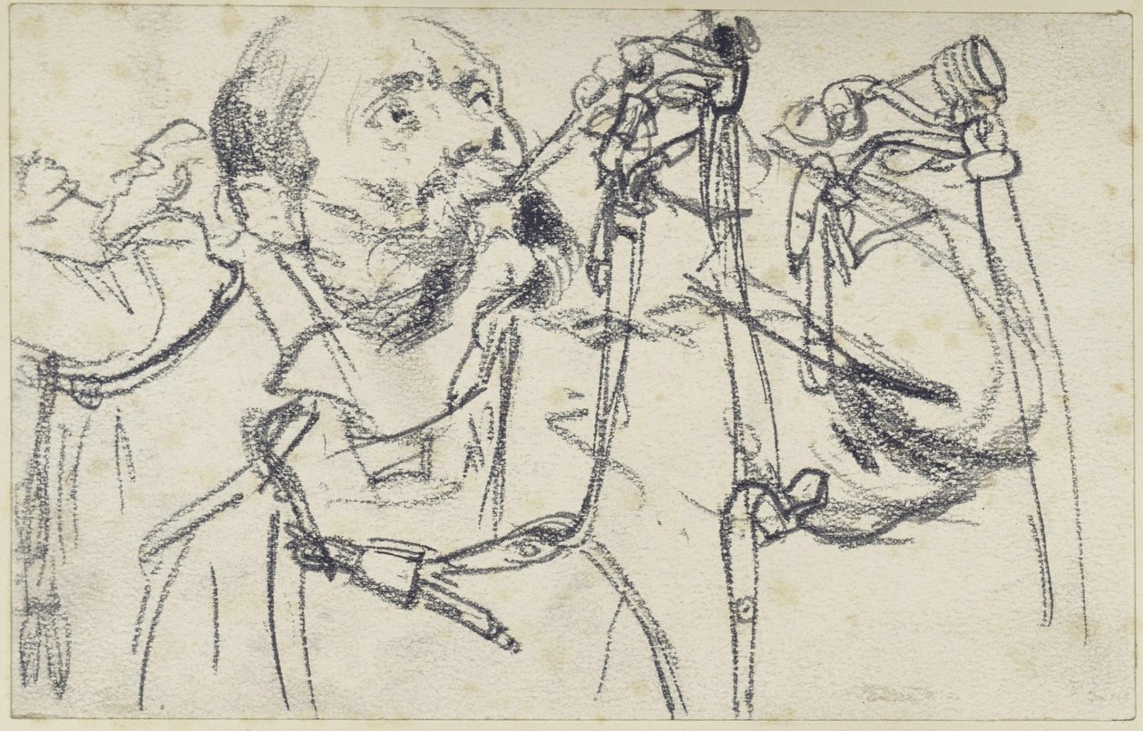 Modell, das Jagdhorn zur Smaragd-Jagdwaffengarnitur Johann Georgs I. von Sachsen blasend, in drei Ansichten, Historisches Museum, Dresden von Adolph Menzel
