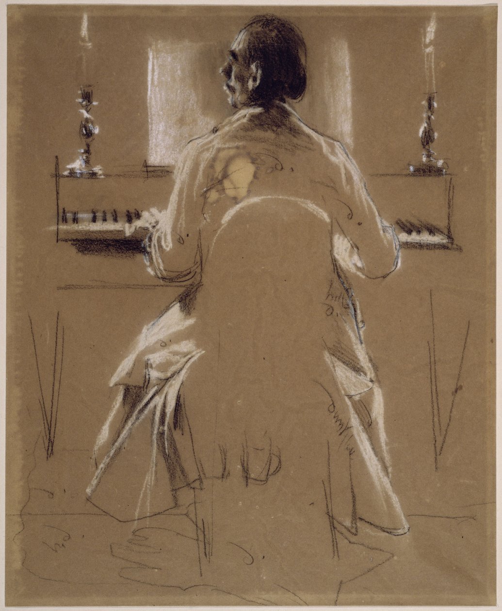 Modellstudie (Menzels Bruder Richard) für Philipp Emanuel Bach am Klavier bzw. Hammerflügel. Vorstudie zum Gemälde "Flötenkonzert Friedrichs des Großen in Sanssouci" von Adolph Menzel