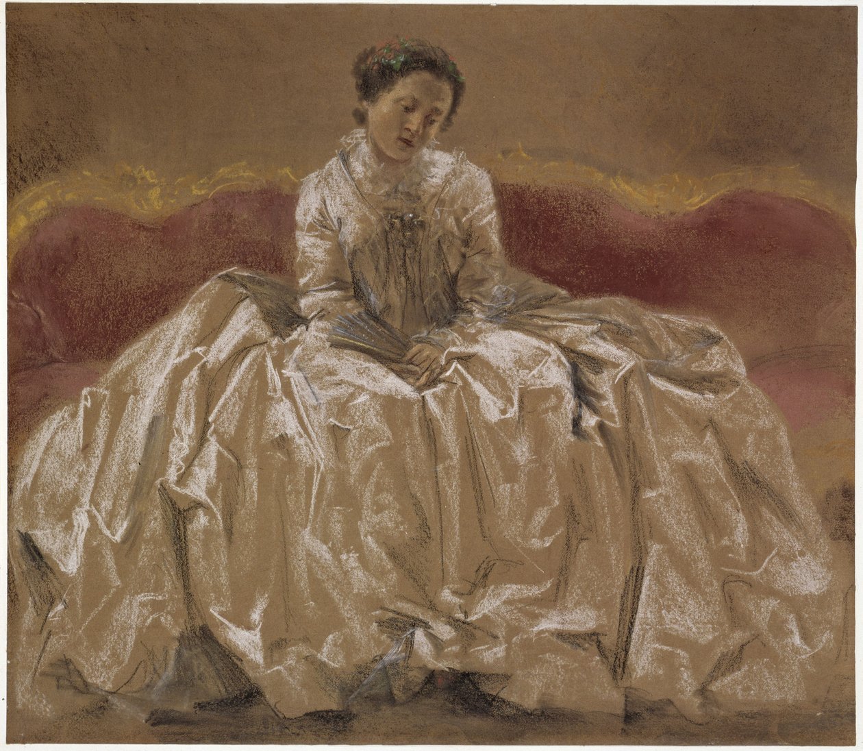 Modellstudie (Menzels Schwester Emilie) für Prinzessin Wilhelmine von Preußen auf dem Sofa sitzend. Vorstudie zum Gemälde "Flötenkonzert Friedrichs des Großen in Sanssouci" von Adolph Menzel