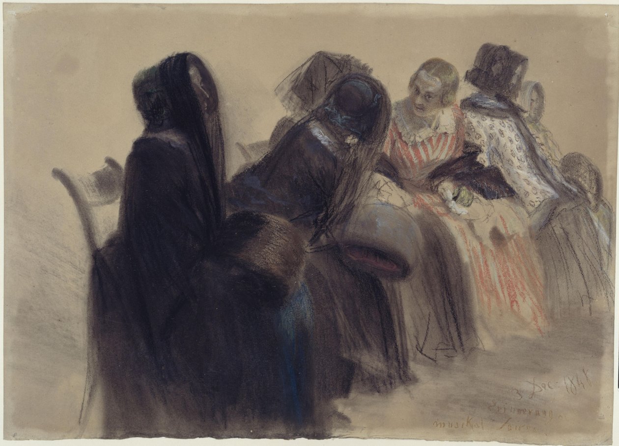 Musikalische Soirée, sechs Damen in einer Reihe nach rechts auf Stühlen sitzend, teils im Gespräch von Adolph Menzel