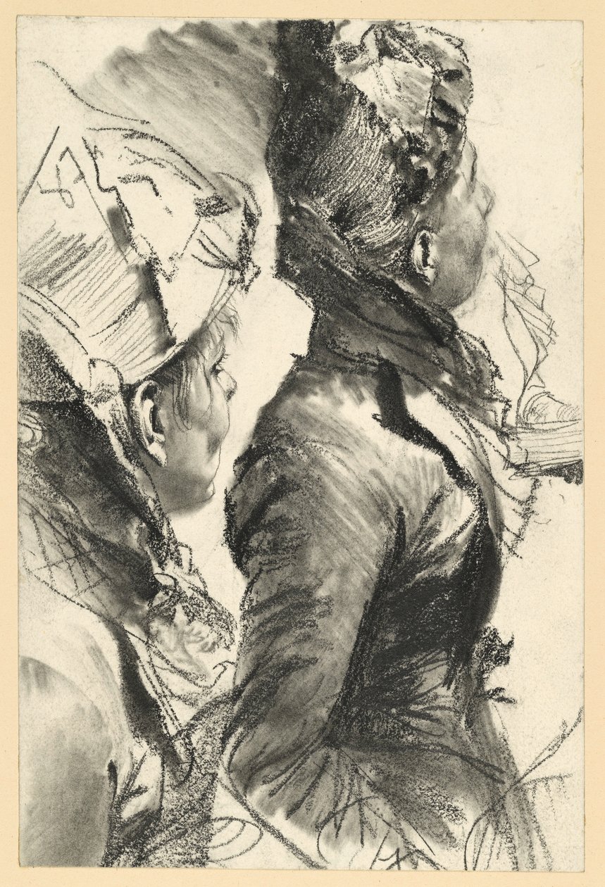 Nach rechts aufblickende Frau mit Hut, Halbfigur im Profil, zwei Studien von Adolph Menzel