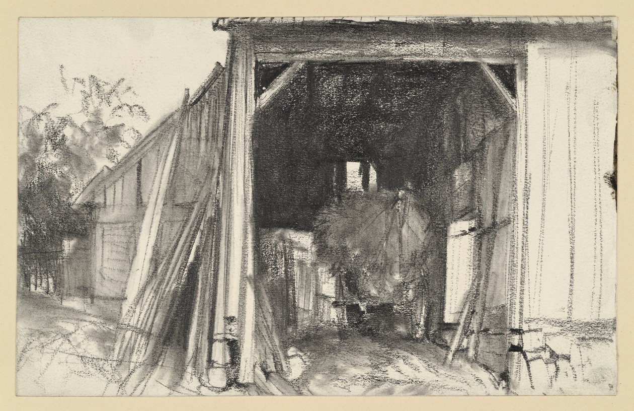 Offene Scheune, darin ein mit Stroh beladener Wagen von Adolph Menzel