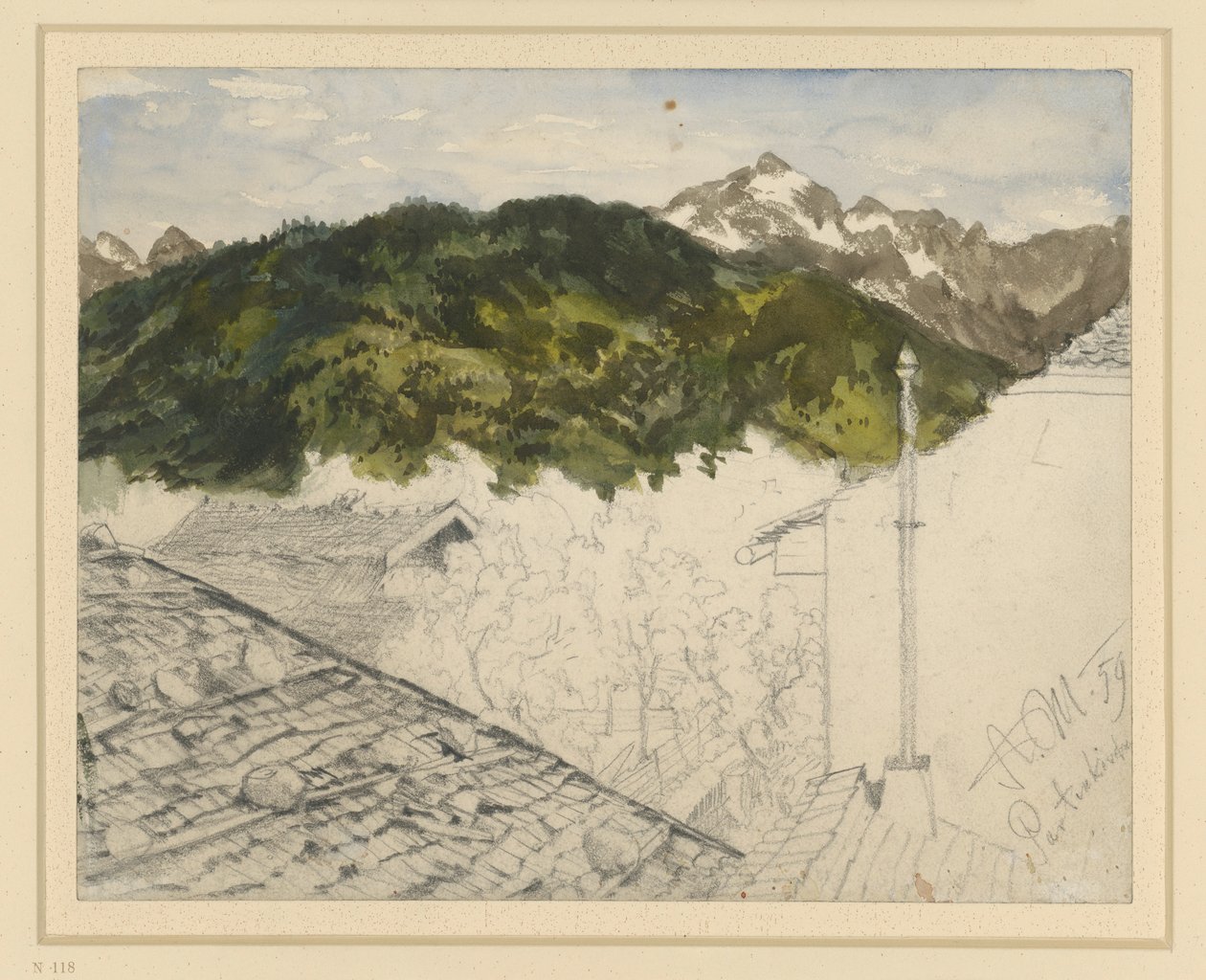 Partenkirchen, Blick auf Gebirge und Bauernhäuser von Adolph Menzel