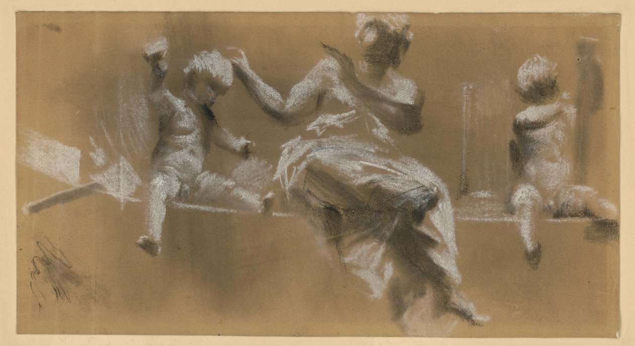 Plastisches Bildwerk auf einem Gesims, allegorische weibliche Figur von Putten flankiert, die die Malerei (r.) und die Bildhauerei (l.) symbolisieren von Adolph Menzel