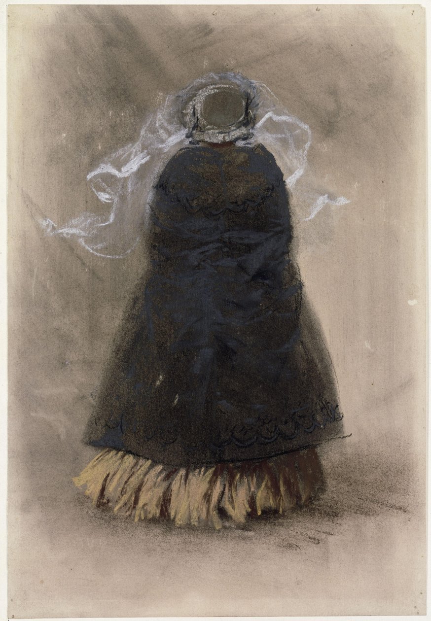 Rückenfigur einer Dame mit Hut und wehendem Schleier von Adolph Menzel