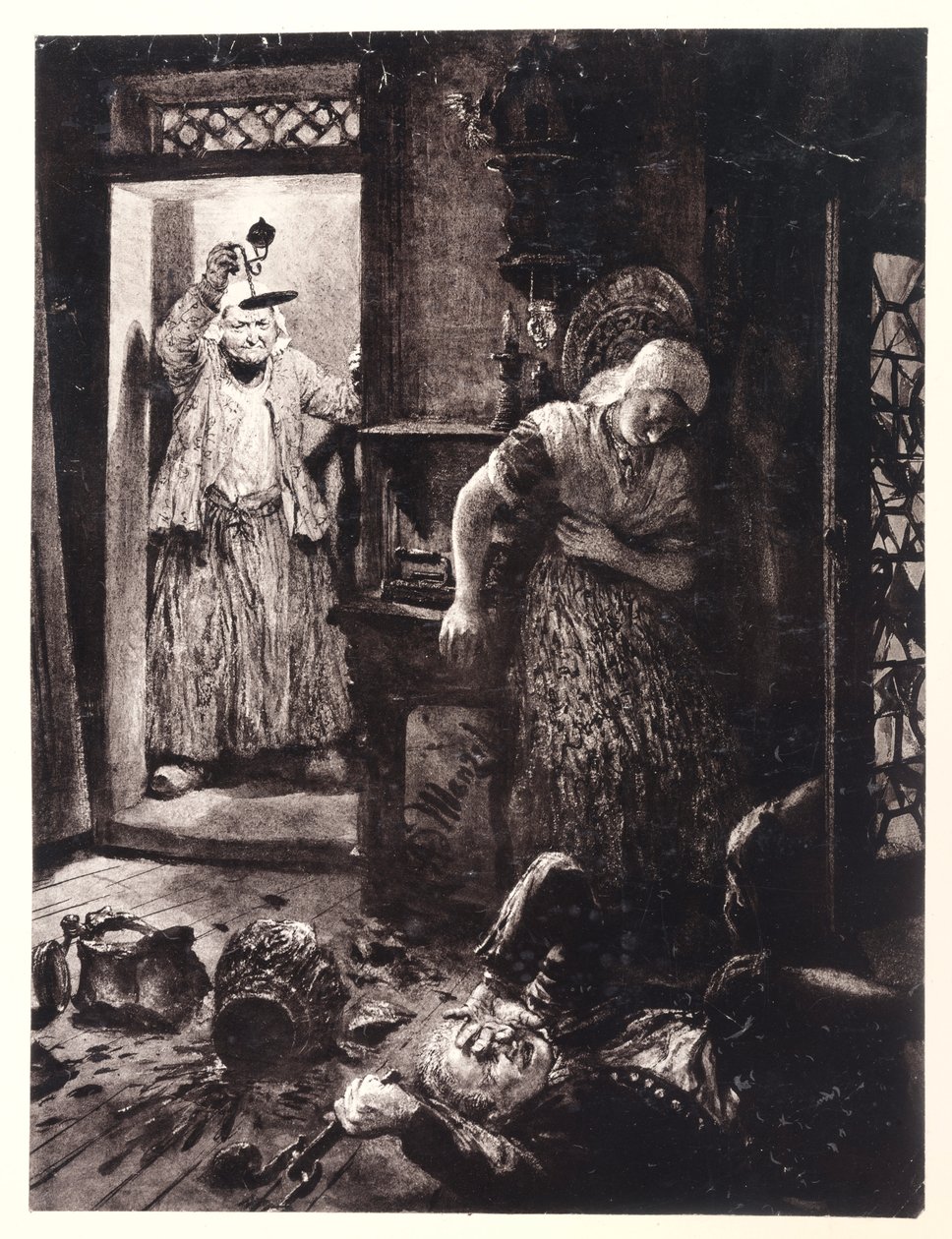 Ruprecht mit der Türklinke in der Hand, liegt in Evas Zimmer am Boden. Marthe kommt mit der Lampe, zu Heinrich von Kleist "Der zerbrochene Krug" von Adolph Menzel