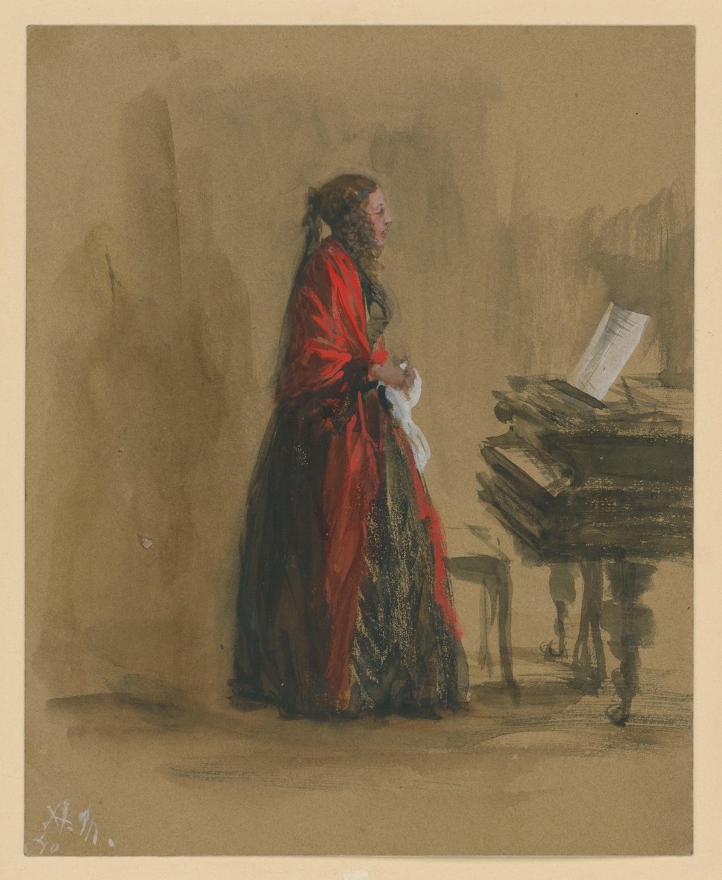 Singende Frau, an einem Flügel stehend, im Profil nach rechts von Adolph Menzel