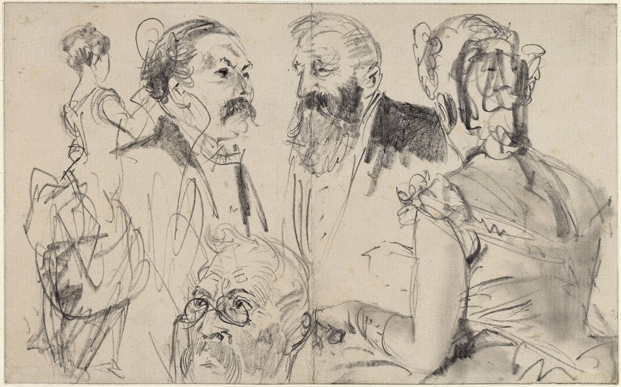 Skizzenblatt mit drei Männerköpfen und zwei weiblichen Rückenfiguren einer vornehmen Gesellschaft von Adolph Menzel