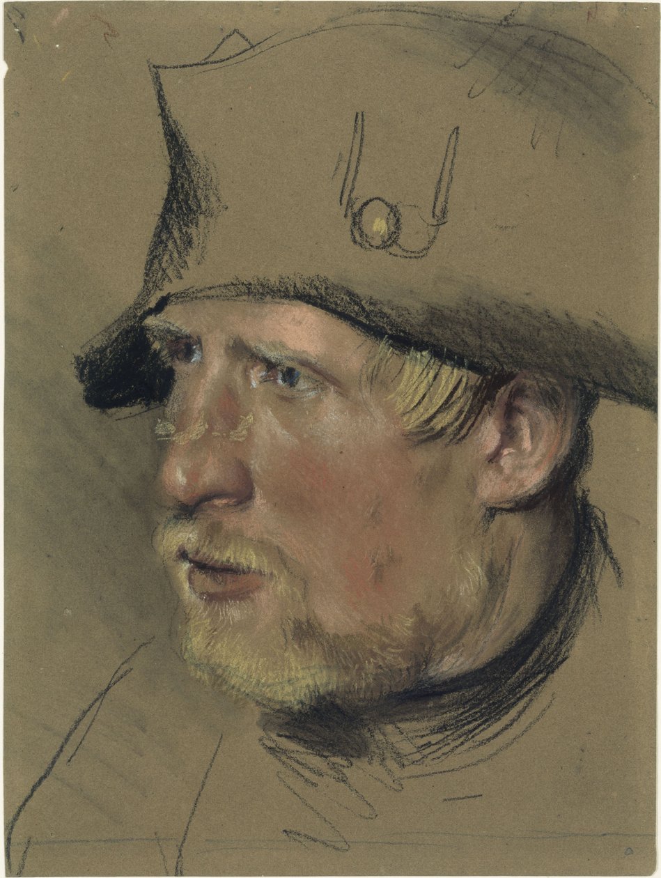 Soldat mit blondem Schnurr- und Kinnbart im Dreimaster, Kopfstudie von Adolph Menzel