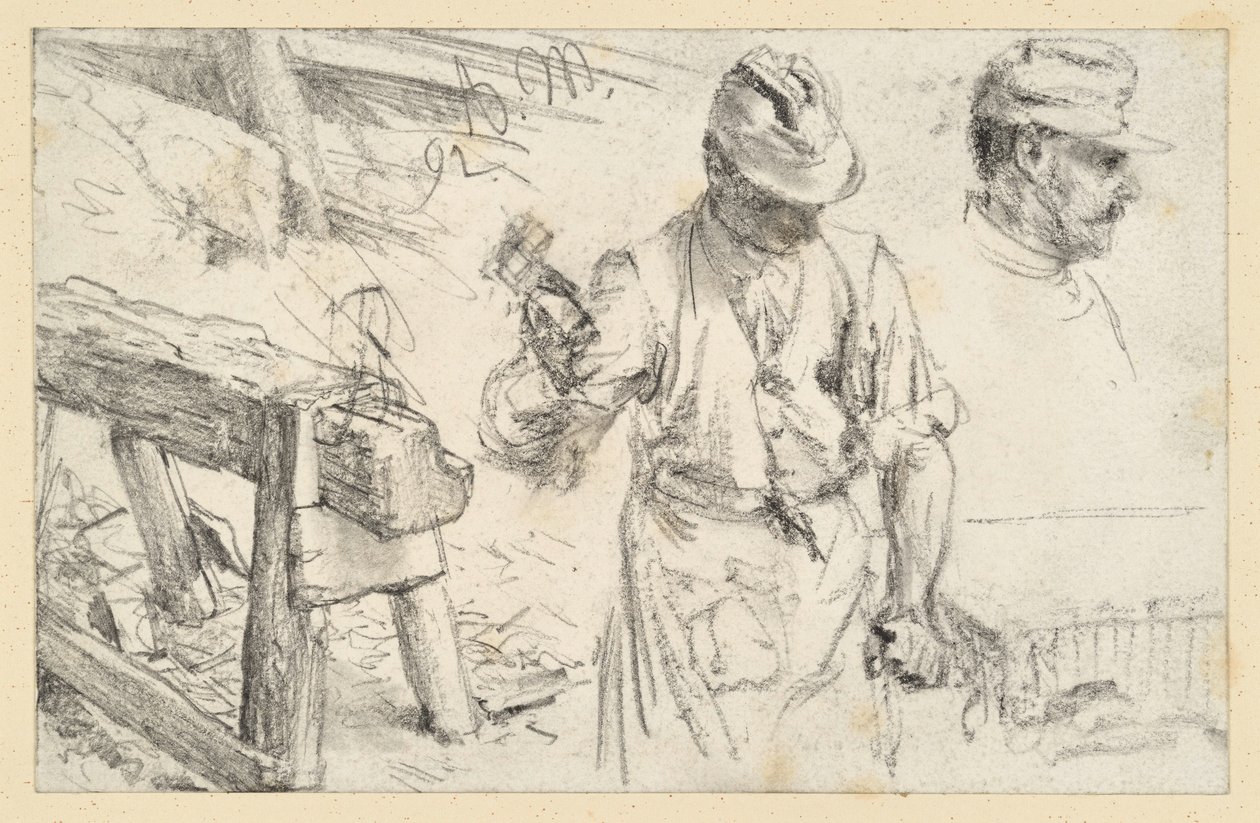 Steinmetz bei der Arbeit, Werkstattbock und Details von Adolph Menzel