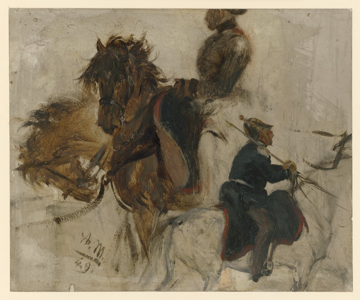 Studie mit reitendem Soldaten und Pferdeköpfen von Adolph Menzel