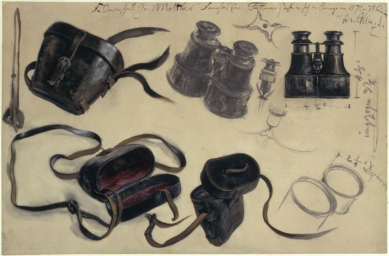 Studie nach dem Fernglas des Feldmarschalls Graf von Moltke, Futteral und Details, mit Notizen von Adolph Menzel