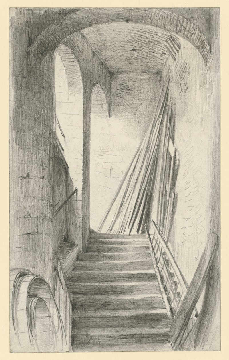 Treppe mit abgestellten Brettern in Dresden von Adolph Menzel