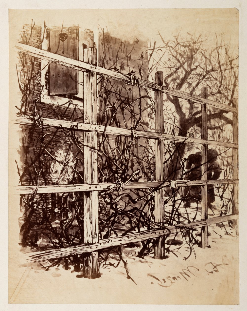 Vor einem Haus ein Spalier, in dem eine Perücke hängt, zu Heinrich von Kleist "Der zerbrochene Krug" von Adolph Menzel