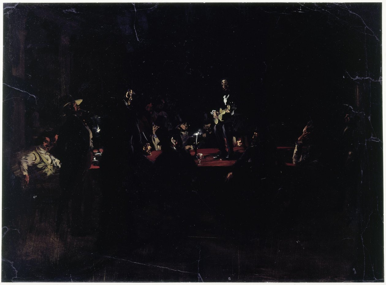 Zecher um einen großen Tisch und ein Sänger von Adolph Menzel
