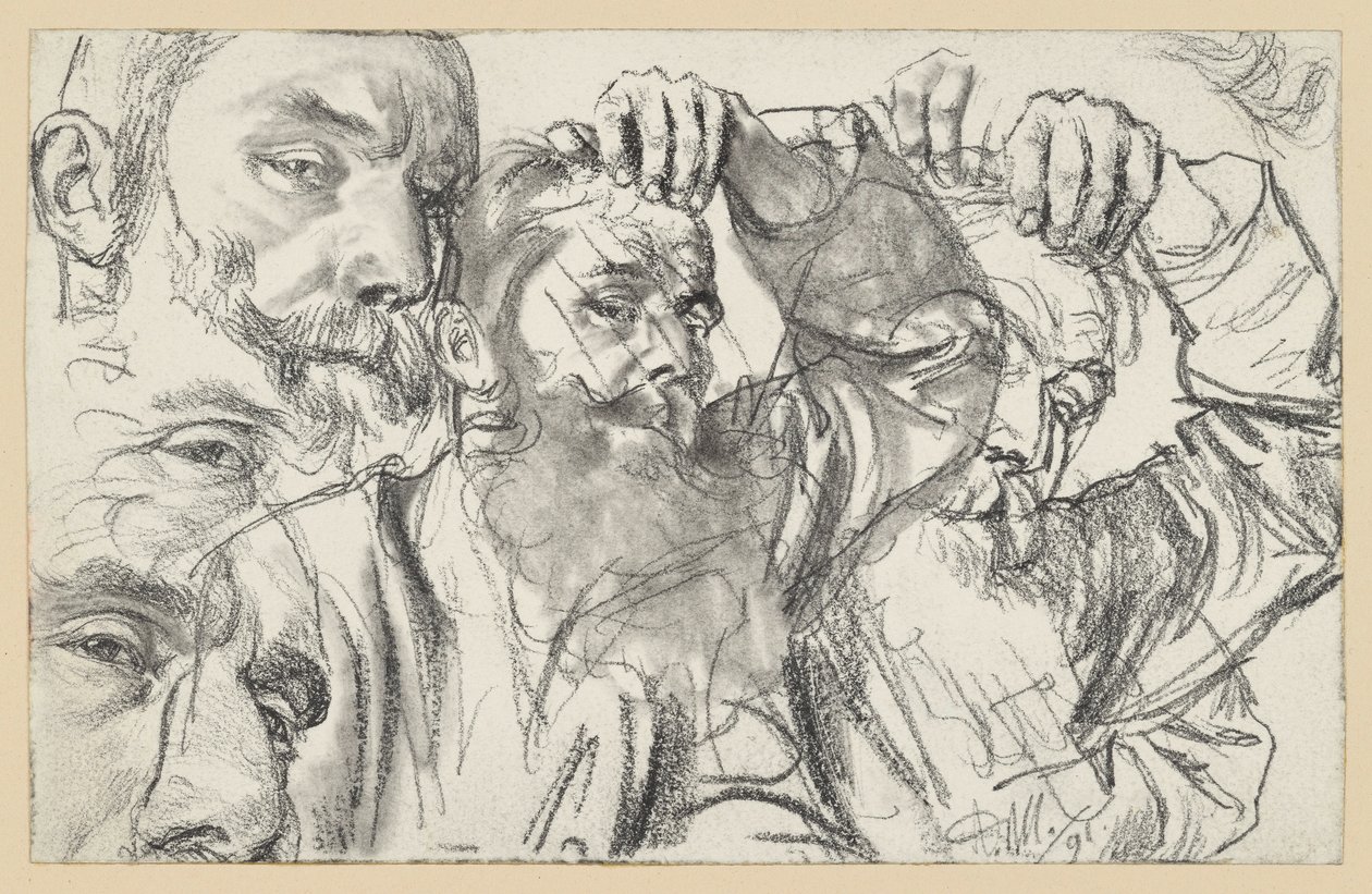 Zwei Studien eines bärtigen Mannes, der mit seiner Linken die Stirn betastet, das Gesicht zweimal wiederholt von Adolph Menzel