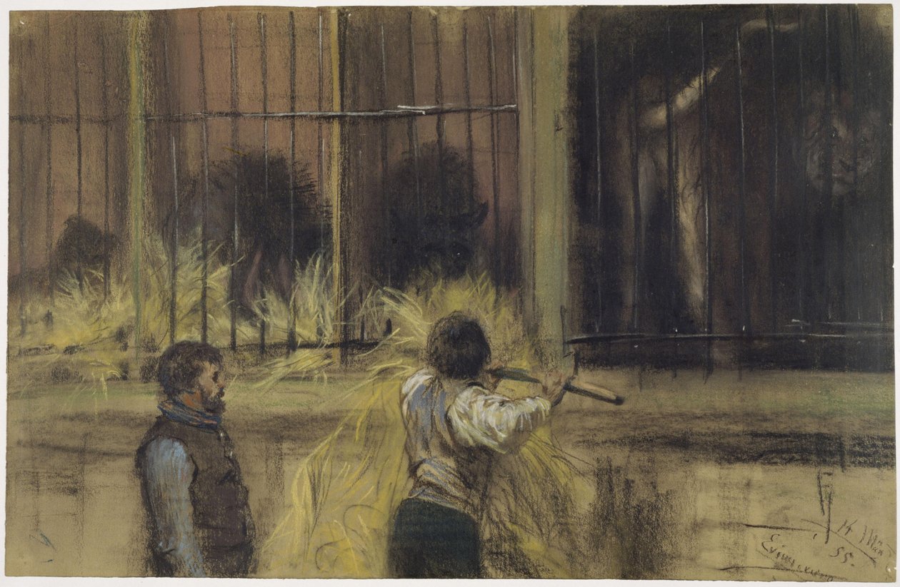 Zwei Tierwärter vor dem Raubtierhaus von Adolph Menzel