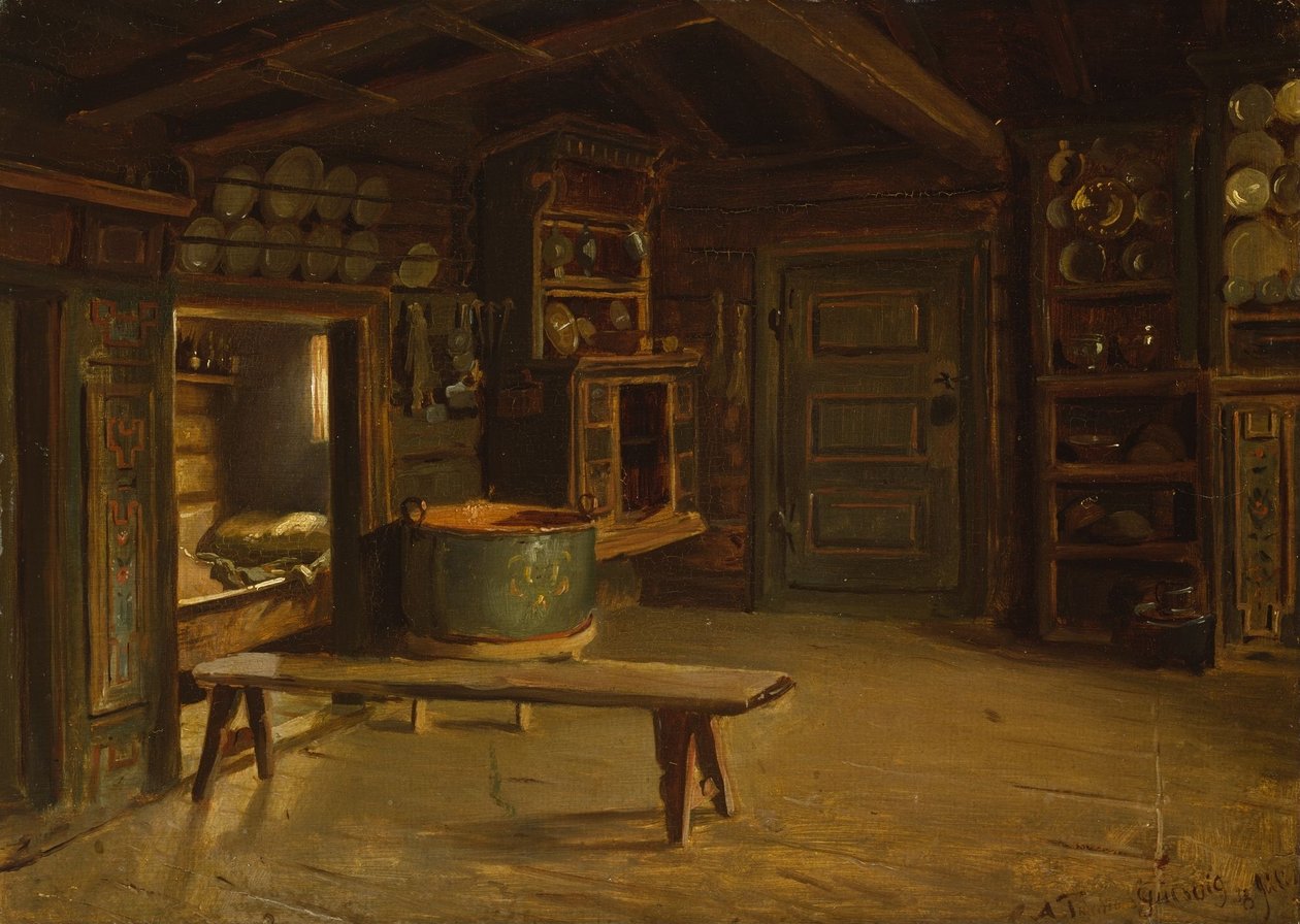 Bauernhofinterieur aus Gulsvik in Hallingdal von Adolph Tidemand