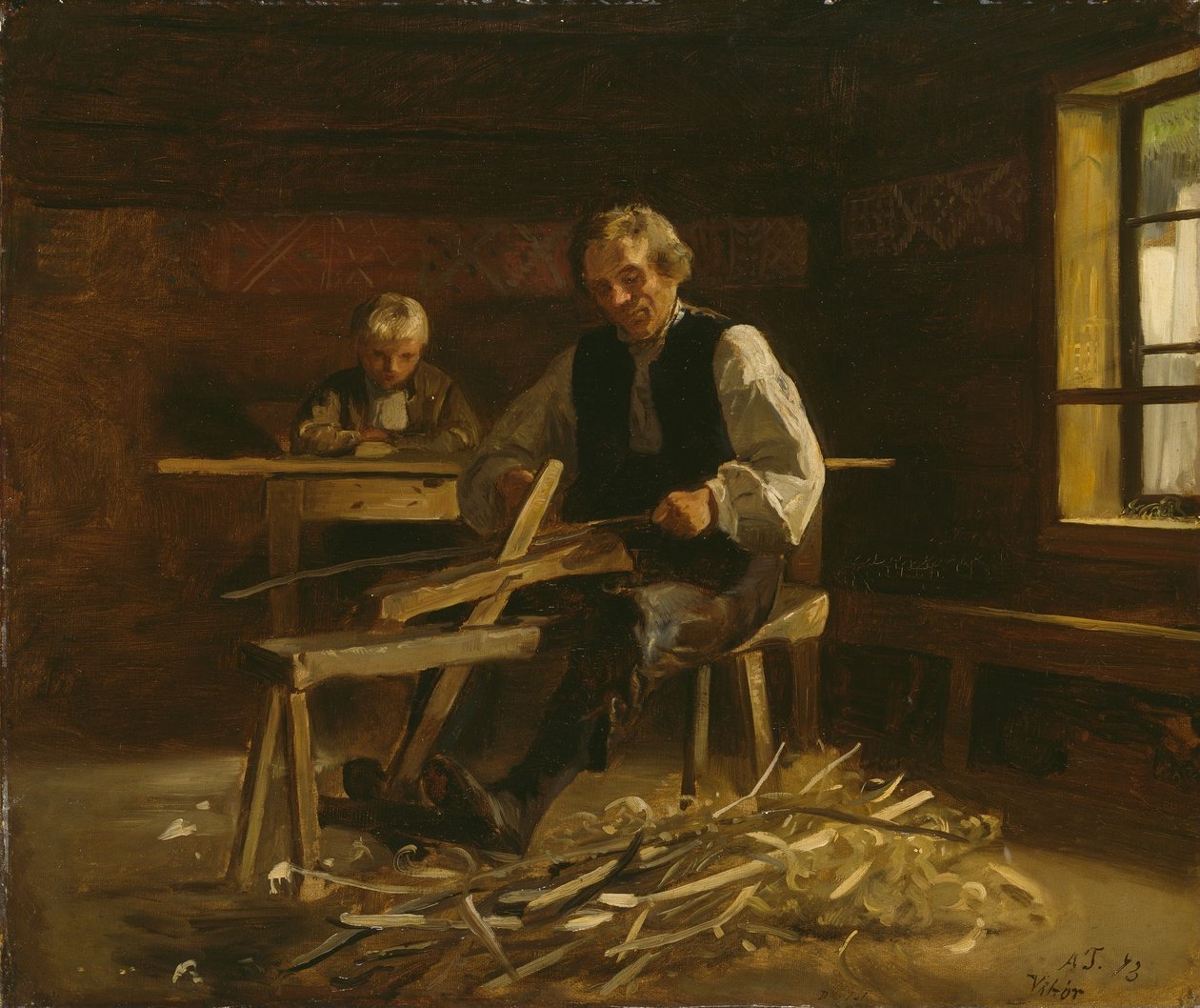 Interieur aus Vikøy mit einem Bauern bei der Herstellung von Fassreifen von Adolph Tidemand