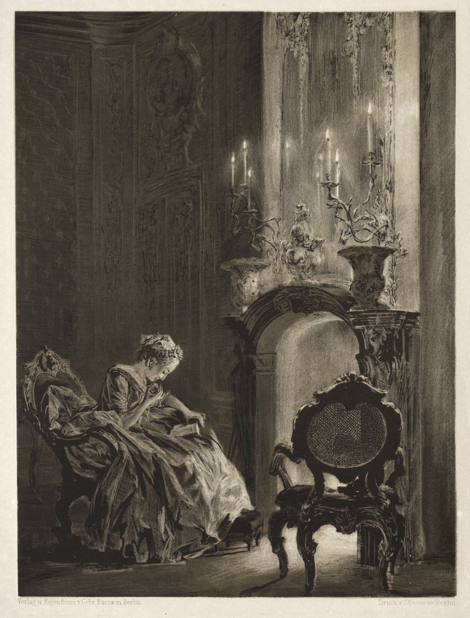Essay über Stein mit Pinsel und Schaber: Frau liest am Kamin von Adolph Menzel