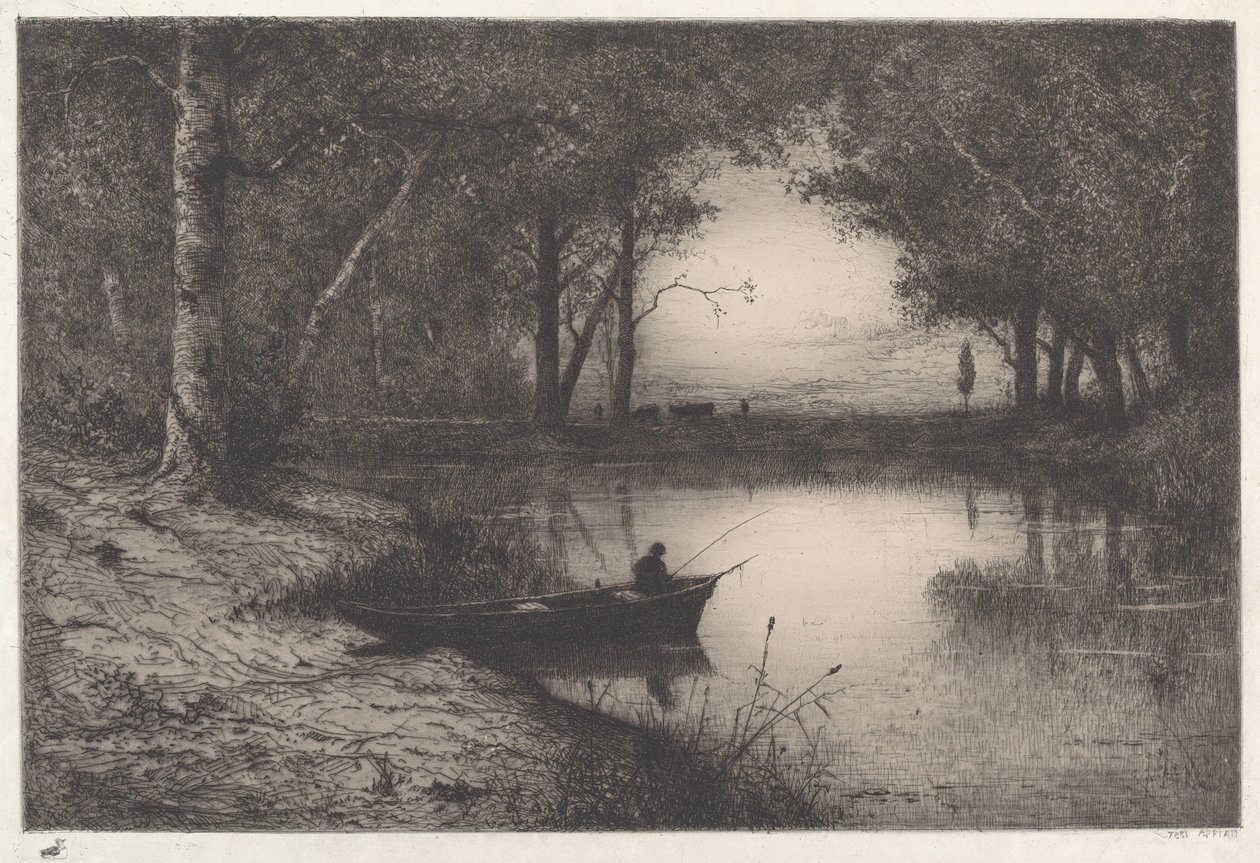 Ein Fischer in einem bewaldeten Teich am Abend von Adolphe Appian