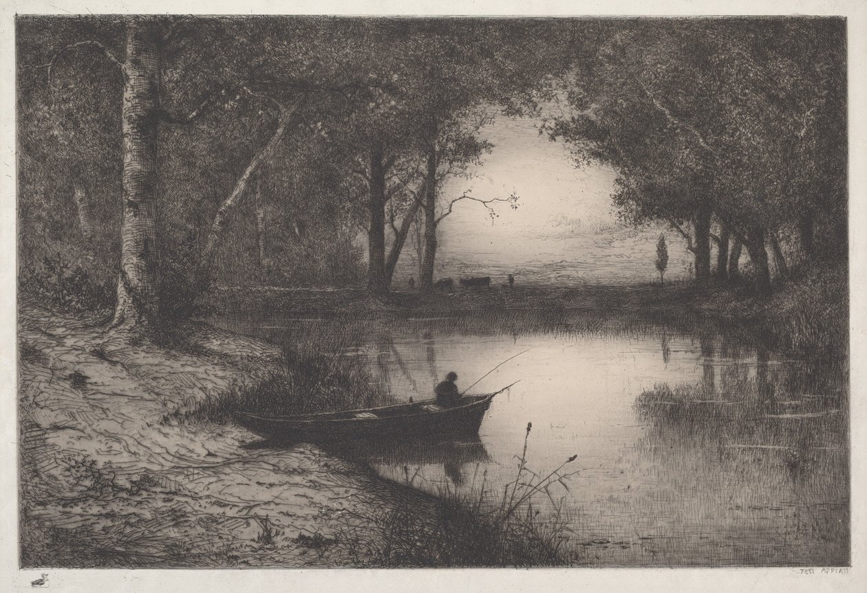Fischer in einem Boot am Flussufer von Adolphe Appian