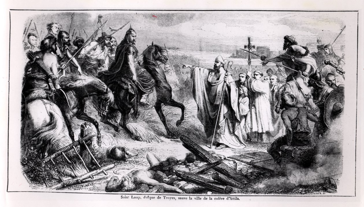 St. Loup verteidigt die Stadt Troyes gegen Attila den Hunnen (ca. 406-453) auf seinem Pferd, Illustration aus einer Geschichte Frankreichs, 2. Hälfte 19. Jahrhundert von Adolphe Francois Pannemaker