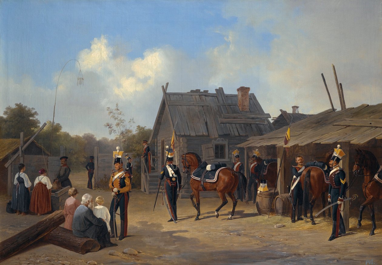 Soldaten, die in einem Dorf biwakieren von Adolphe Ladurner